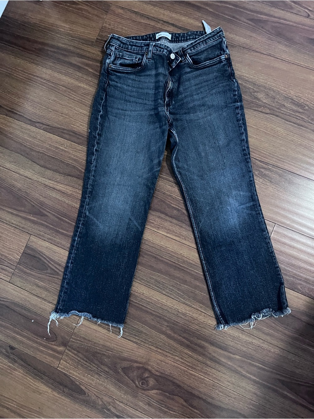 Zara Black Washed Cropped Straight Jeans - Raw Hem
